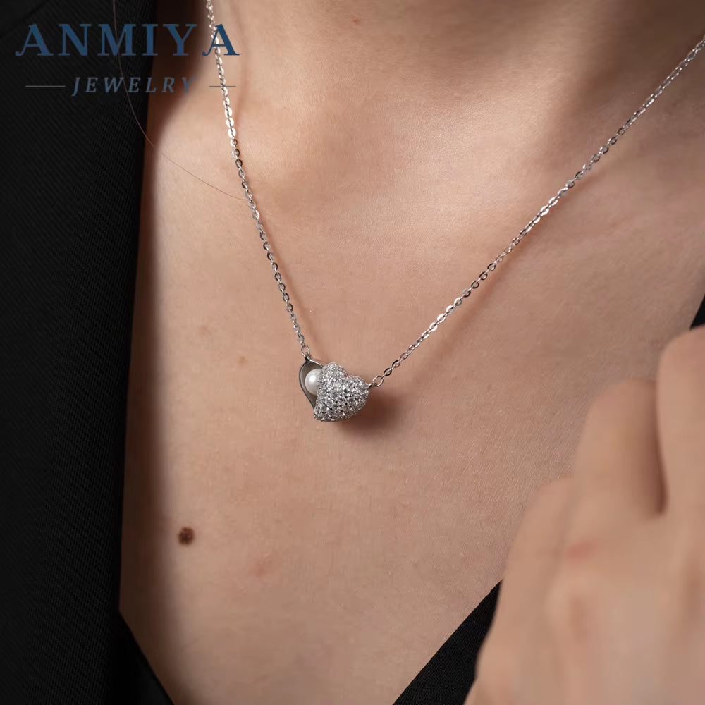ANMIYA 925 Silver Cubic Zirconia Heart Fresh Water Pearl Shine Diamond Glaring Necklace for Women Fashion