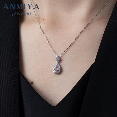 ANMIYA Factory Wholesale Jewelry Luxury Ice Pear Cut Pendant 925 Sterling Silver Ice Pink Necklace