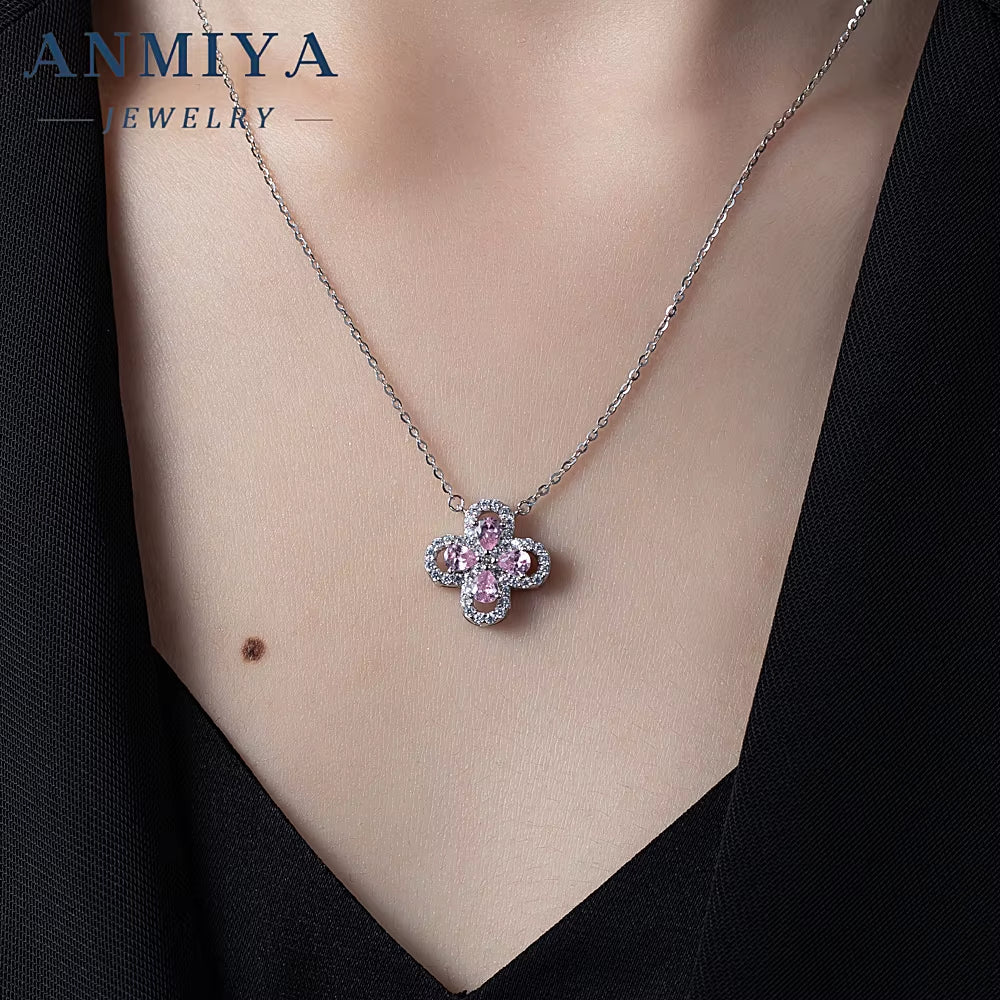 High Quality Fashion Jewelry Necklace 925 Sterling Silver Ice Flower Pear Cut Pink Four-Leaf Clover Diamond Pendant Necklace