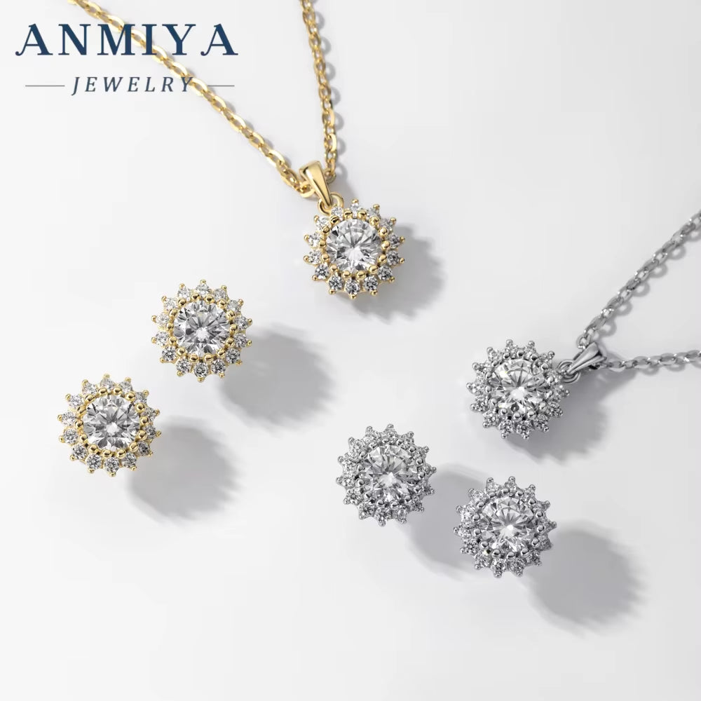 ANMIYA Best Selling Fashionable Shiny round Zircon 925 Silver Accessory Jewelry Sterling 925 Necklace Earrings Set for Women