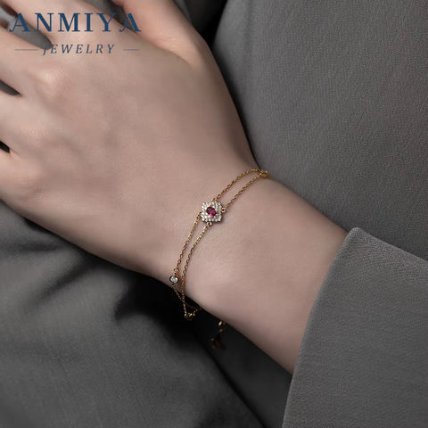 925 Silver Jewelry Geometric Clover Bracelet Double Layer with Garnet Stone Modern Bridal Jewelry for Jewelry Wholesalers
