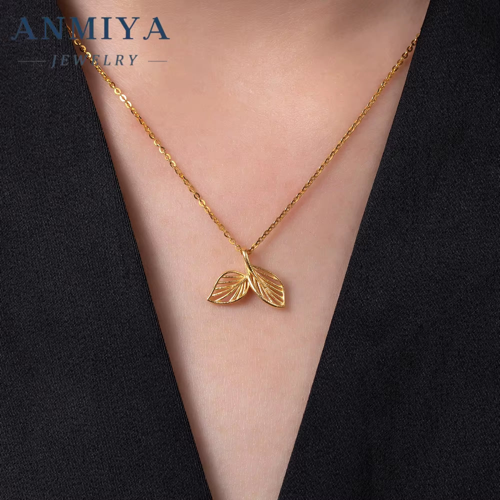 ANMIYA Fashionable Leaf Designs 18K Gold 925 Sterling Silver Leaf Pendant Necklace for Women