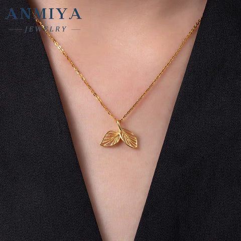ANMIYA Fashionable Leaf Designs 18K Gold 925 Sterling Silver Leaf Pendant Necklace for Women