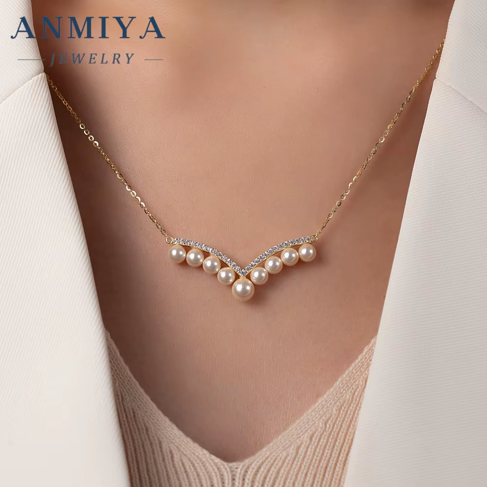 ANMIYA One-Line Shape Fresh Water Pearl Vintage Inoxidable 925 Silver 18K Collarbone Necklace