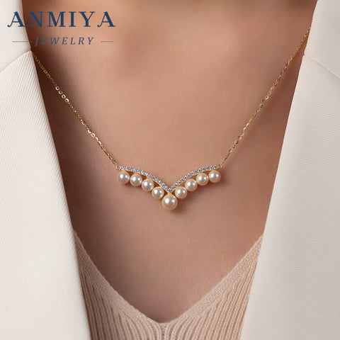 ANMIYA One-Line Shape Fresh Water Pearl Vintage Inoxidable 925 Silver 18K Collarbone Necklace