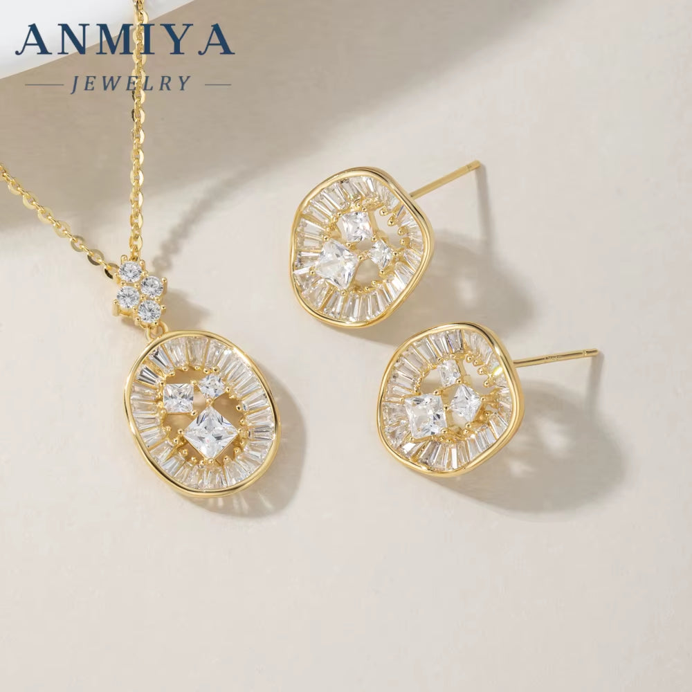 ANMIYA 18K Gold Plated round Shape Hollow Out Zircon 925 Silver Fashion Earrings Necklace Set Jewelry for Ladies