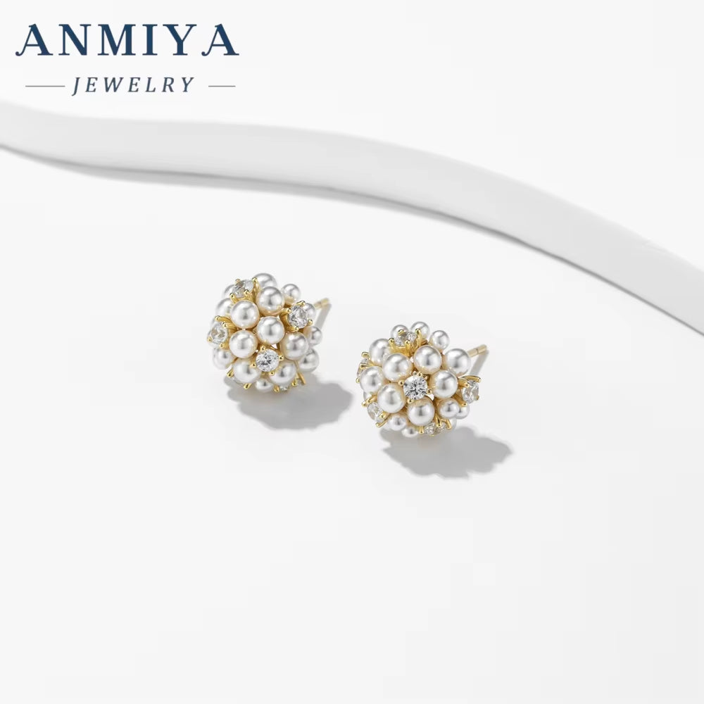 ANMIYA 2024 Earrings Women Plated 925 Sterling Silver CZ Pearl Flower Earrings