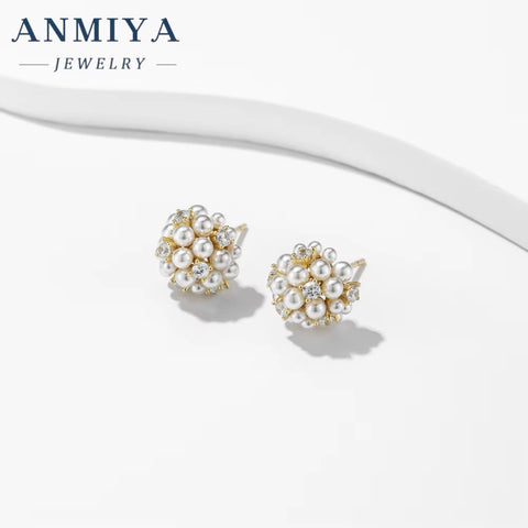 ANMIYA 2024 Earrings Women Plated 925 Sterling Silver CZ Pearl Flower Earrings