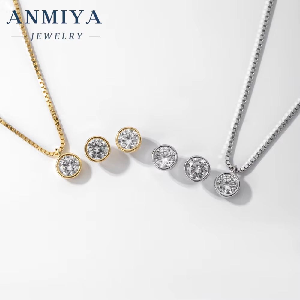 Fine Jewelry Hot Fashion 925 Sterling Silver round White Zircon Pendant Necklace Earrings Set for Women Girls