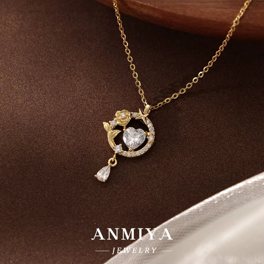 Best Selling 18K Zircon 925 Silver Pendant Necklace with Rose Flower Big Heart Unisex Heart Locket Necklace Valentine'S Day Gift