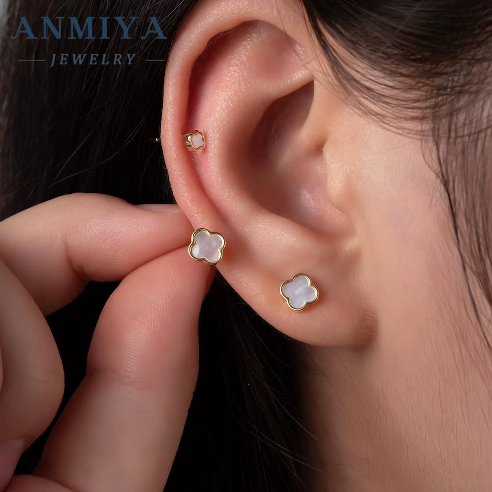Four Leaf 925 Silver Needle Clover Earrings 3Pairs Jewelry Earrings Set White Shell Clover Stud Earrings for Women or Girls
