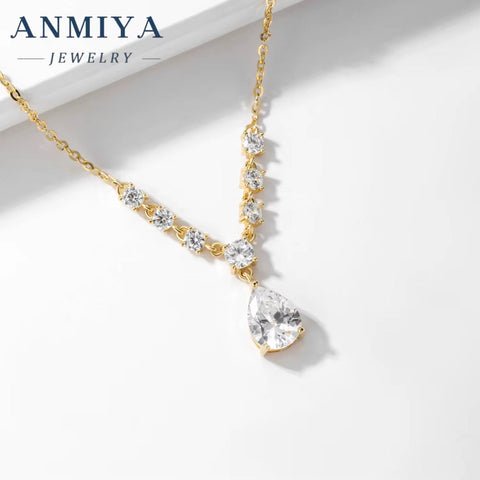 ANMIYA Custom 18K White Gold Zircon Necklace Latest Fancy Zircon Pear Cut Pendant Fancy Sterling Silver Jewelry