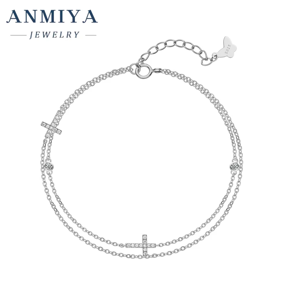 ANMIYA S925 Silver Double Link Chain Bracelet Femme Bracelets with Cross Chain