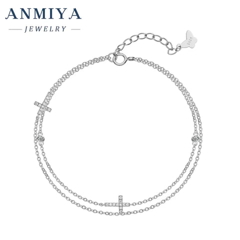 ANMIYA S925 Silver Double Link Chain Bracelet Femme Bracelets with Cross Chain