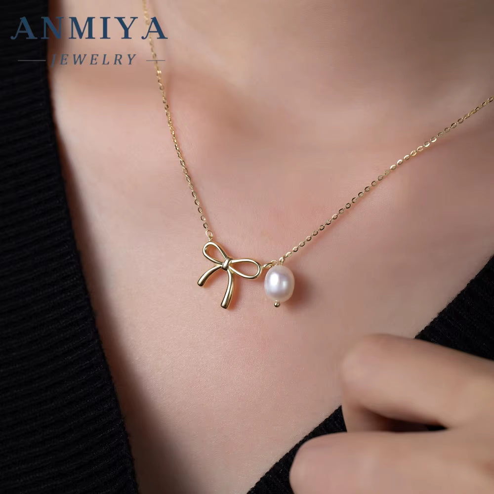925 Sterling Silver Gold Bow Pearl Necklace for Bowknot Sweet Unique Design Fashion Elegant Style