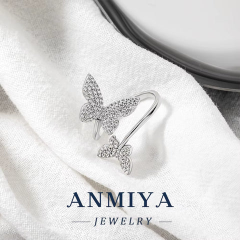 Factory Supply 925 Silver Open Cuff Butterfly Rings Delicate Women'S Finger Sparkling Cubic Zircon Trendy Lucky Butterfly