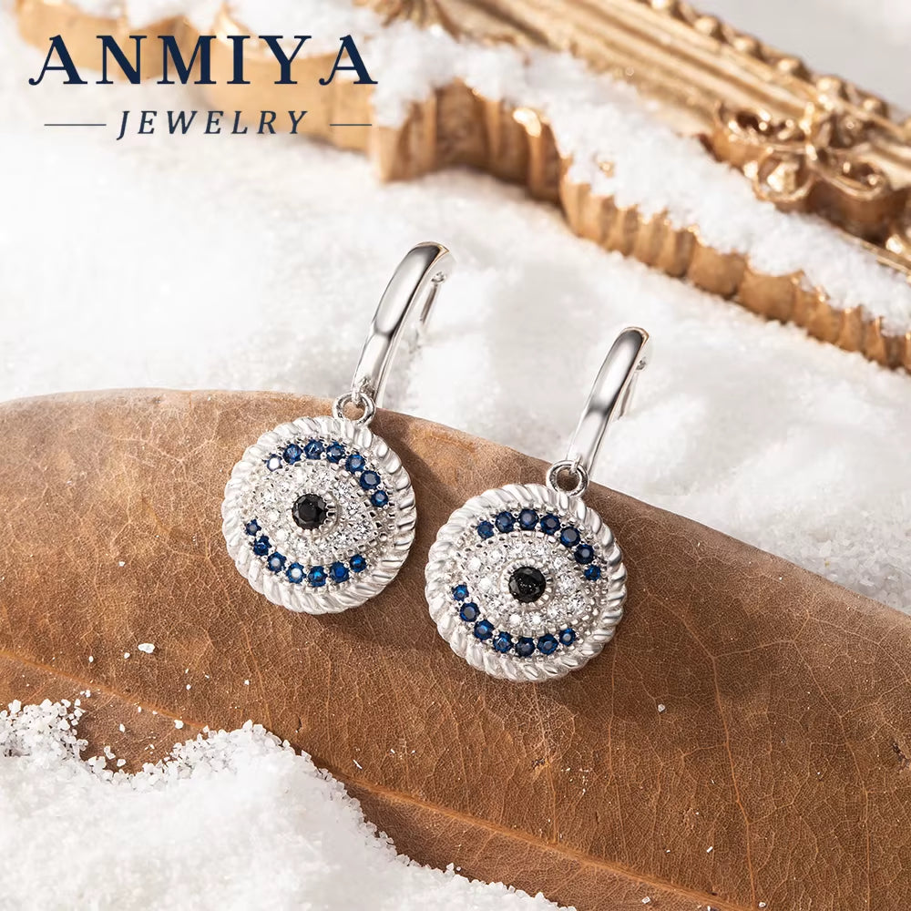 ANMIYA Waterproof 925 Sterling Silver Zircon Evil Eyes Pendant Earring 18K Gold Demon Eye round Hoop Earring