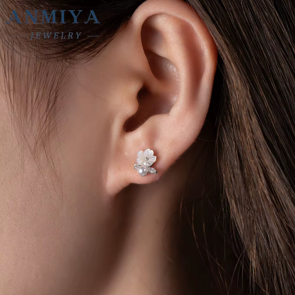 ANMIYA Dainty Sterling 925 Silver White Flower Pearl Cubic Zircon Vintage Earrings for Women