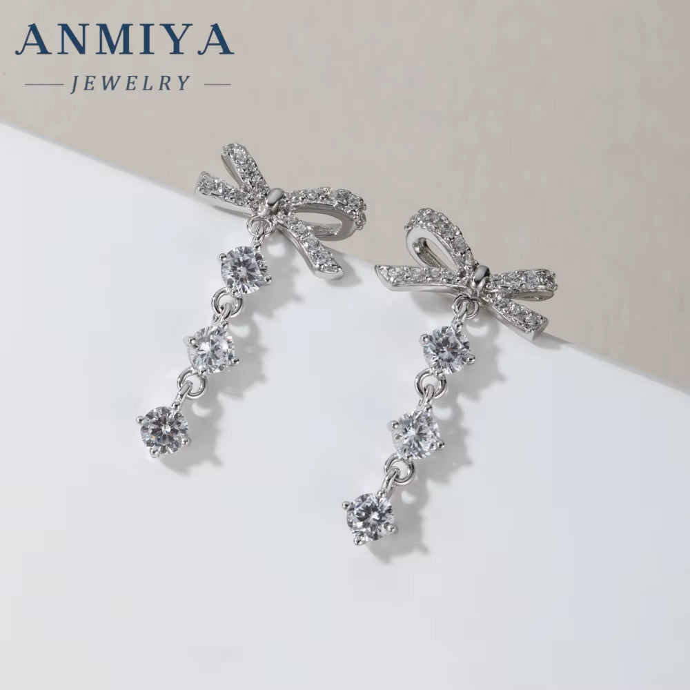Fine Jewelry 925 Sterling Silver Bowknot Zircon Tassel Stud Earrings Women 925 Silver Earring for Women