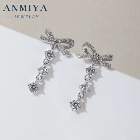 Fine Jewelry 925 Sterling Silver Bowknot Zircon Tassel Stud Earrings Women 925 Silver Earring for Women