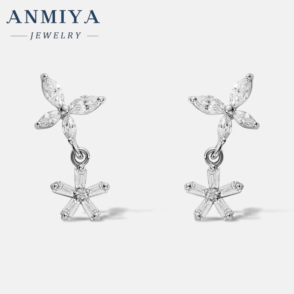 Fashion Jewelry 925 Sterling Silver Flower Earrings Zircon Diamond Dangling Earrings 925 Silver Stud Earrings Women