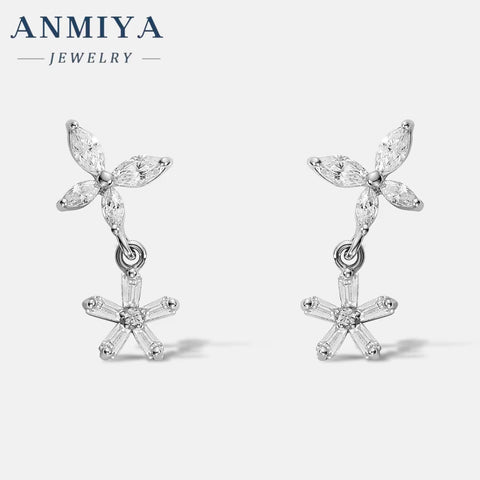 Fashion Jewelry 925 Sterling Silver Flower Earrings Zircon Diamond Dangling Earrings 925 Silver Stud Earrings Women