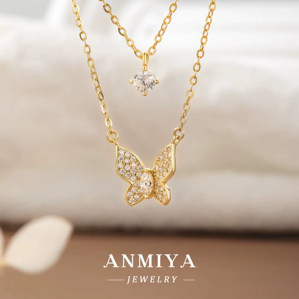 ANMIYA Women'S Double-Layer Diamond Butterfly Necklace with Collarbone Chain Elegant and Minimalist Pendant
