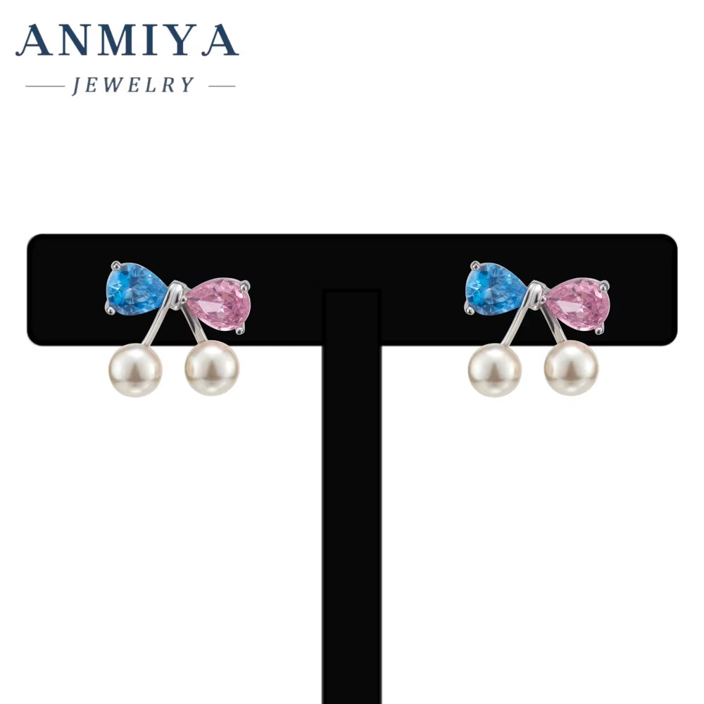 High Quality Summer Fancy Rhinestone Bow Pearl Stud Earrings for Women Girls