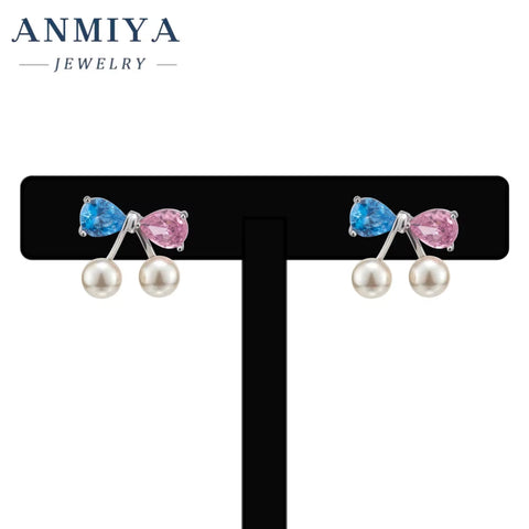 High Quality Summer Fancy Rhinestone Bow Pearl Stud Earrings for Women Girls