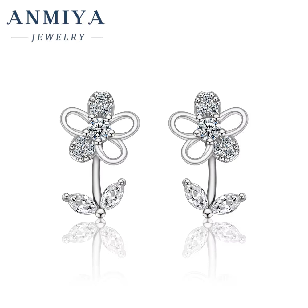 ANMIYA Fashion Wedding Jewelry Earrings New 925 Sterling Silver Clear Zircon Flower Stud Earrings for Women Gifts