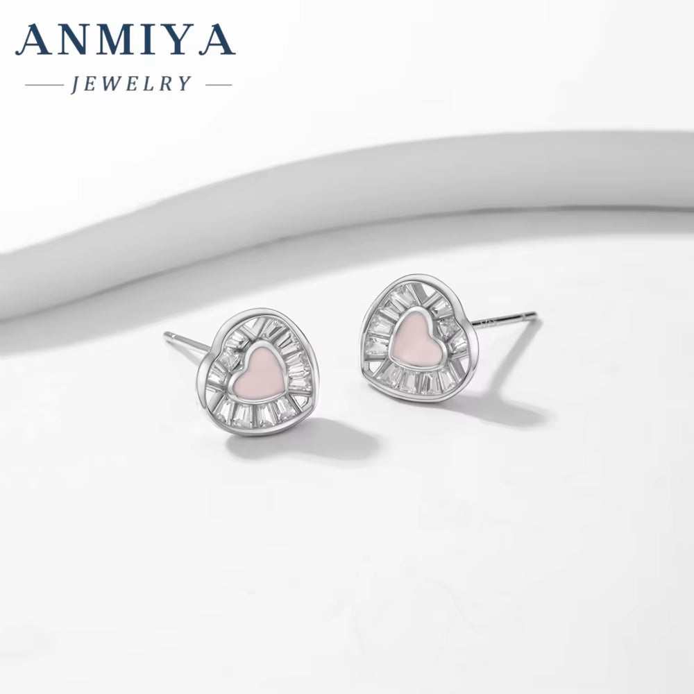 INS Hot Sales Fine Jewelry 925 Silver Pink Heart Shape Stud Earrings for Girl Gift Lover Best Gift