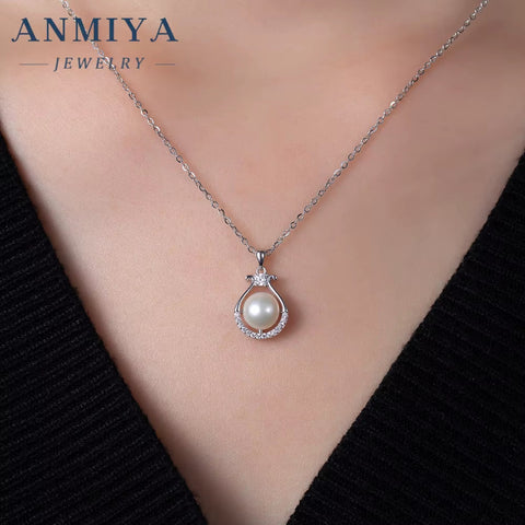 ANMIYA Simple Fashion 5A CZ Zircon Stone Paved 925 Silver Natural Freshwater Pearl Necklace Zircon Plated Wedding Women