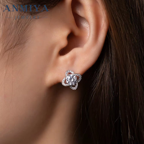 New Style Unique Four Leaf Clover Shine S925 Silver Rhodium Plated Necklace Earrings Set Jewelry for Ladies Women