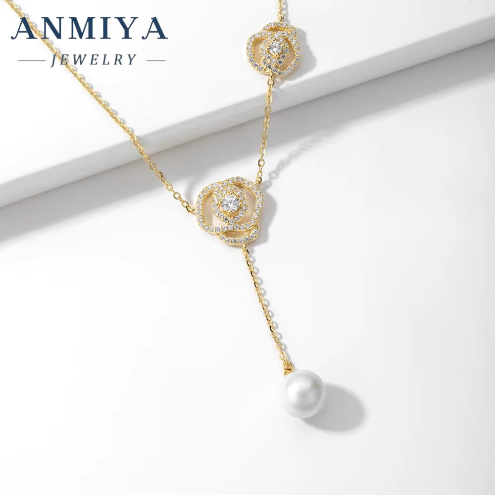 ANMIYA 18K Gold Plated Minimalist New Design Rose Flower Pendant Charm 925 Silver Cute Zircon Pearl Necklace Wedding Gift