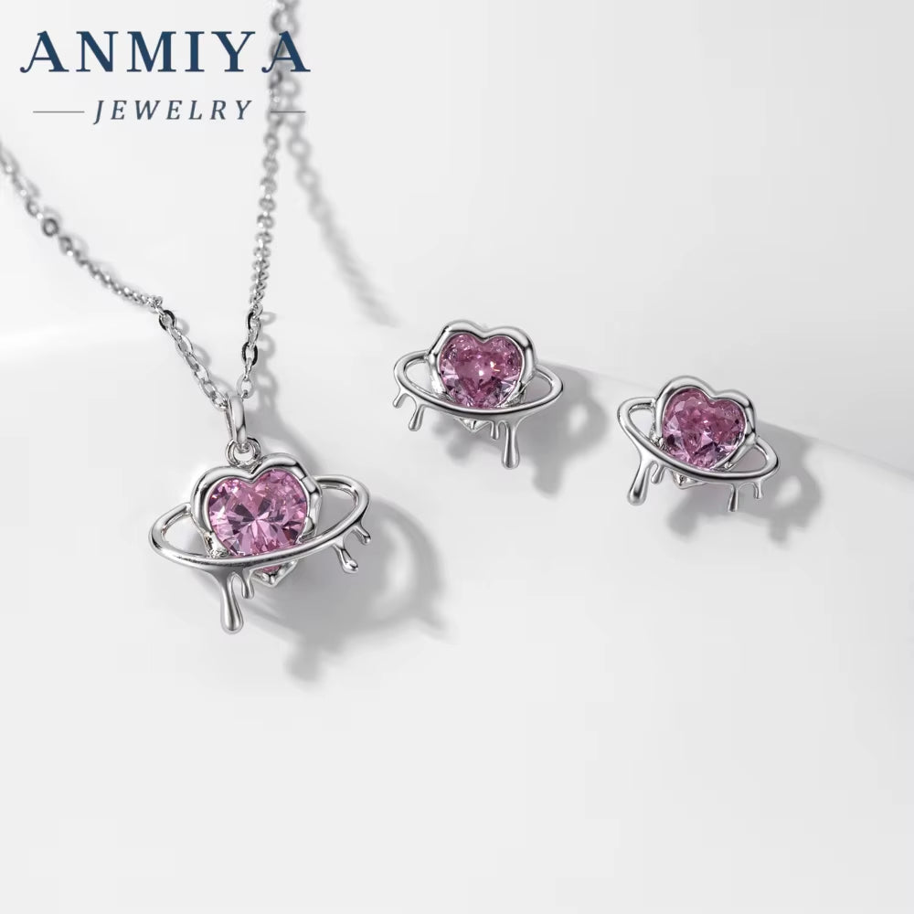ANMIYA Hot Selling Discount Set Cute Mini Galaxy Pink Heart Necklace Cubic Zirconia Earring Jewelry Set