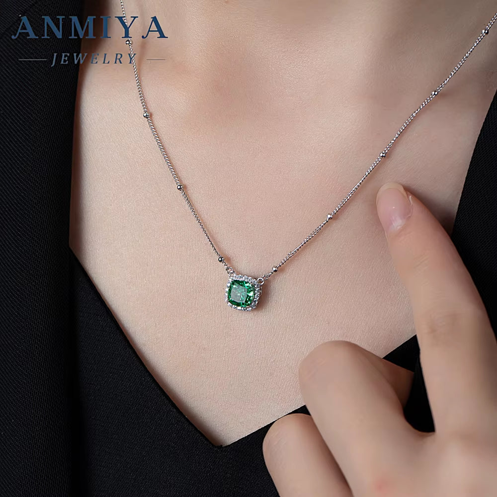 ANMIYA 925 Sterling Silver Cubic Zirconia Cushion Cut Fancy Green Diamond Pendant Necklace