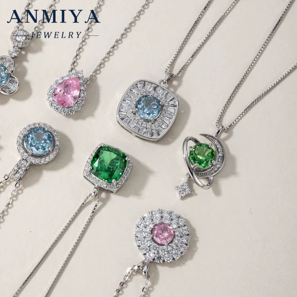 ANIMIYA Ice Heart Cut Shape round Zircon Green Blue Pink Diamond 925 Sterling Silver Fashion Jewelry Pendent Necklaces