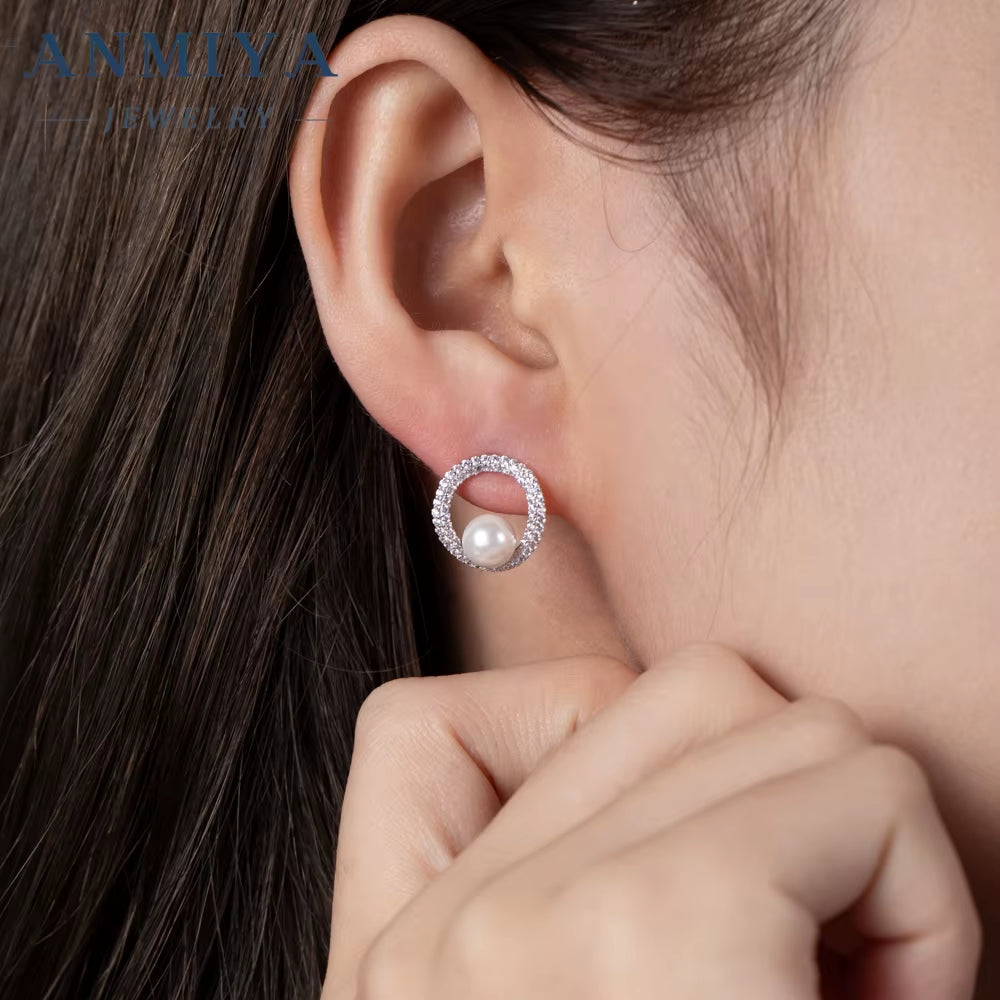 ANMIYA Elegant Freshwater Pearl Sutds Earrings Cubic Zirconia Pearl Earrings for Women