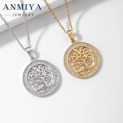 Rhinestones 925 Sterling Silver Necklace Gold Plated Diamond Inlaid Hollow Life Tree round Pendant Necklace for Women