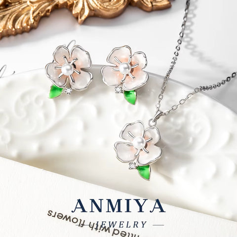 Elegant Silver 925 Jewelry Set Necklace and Stud Earring Featuring Enamel Flower Centered Pearl Inlay for Women Daily Wear