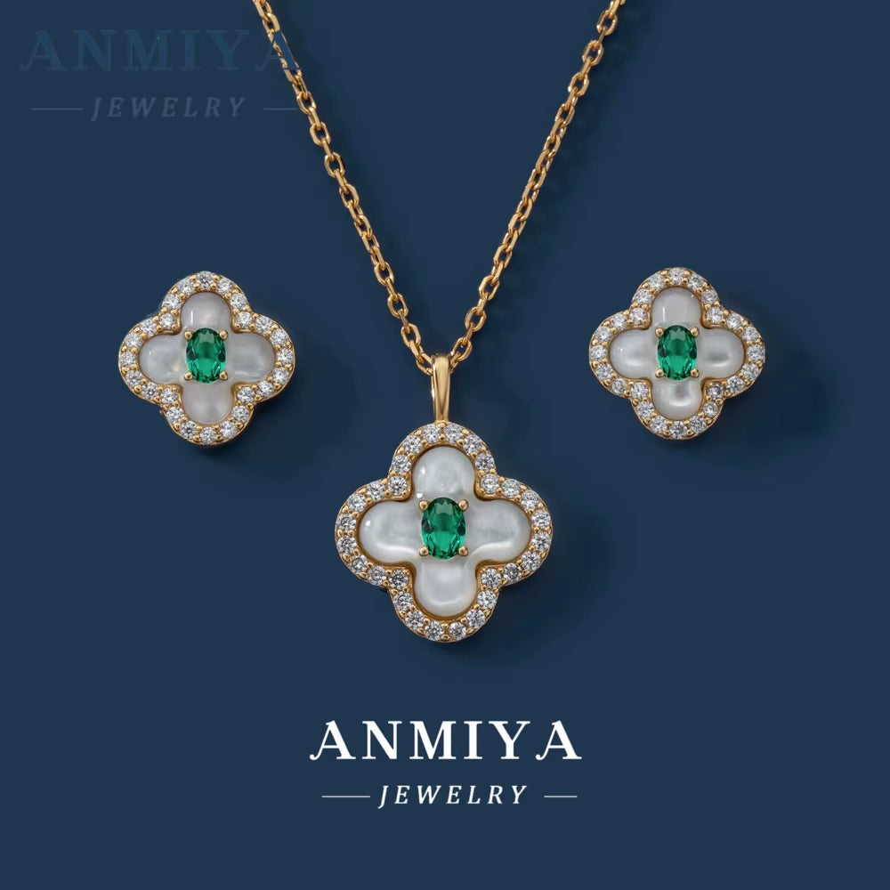 Customized Elegant New Tide Green Zircon Four Leaf Clover Necklace and Earrings Sets 925 Silver for Women