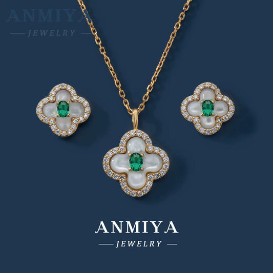 Customized Elegant New Tide Green Zircon Four Leaf Clover Necklace and Earrings Sets 925 Silver for Women