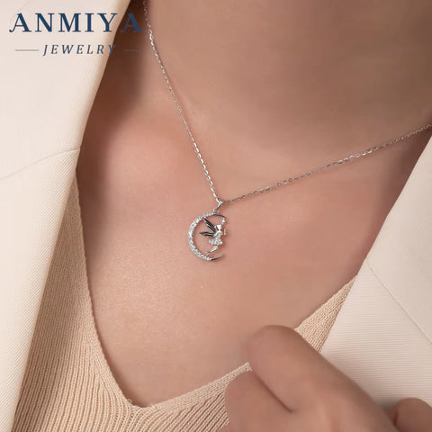 925 Sterling Silver Unisex Friendship Pendant Trendy Fashion Jewelry Necklace Zircon Iced Elfin Fairy Moon Angel Necklace