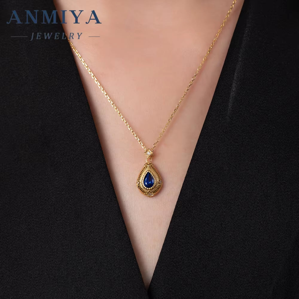 ANMIYA 18K Gold Plated Drop Earring Jewelry Blue Zircon Earring Women Drop Necklace 925 Silver Jewelry Set for Lady Gift