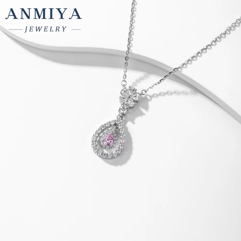 Niche Fashion Drop Shape Hollow Out Pear Ice Cut Fine Jewelry 925 Sterling Silver Necklace Pink ZC Necklace