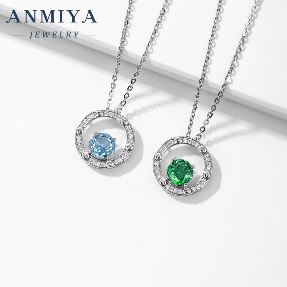 ANIMIYA Ice Heart Cut Shape round Zircon Green Blue Diamond 925 Sterling Silver Fashion Jewelry Pendent Necklaces