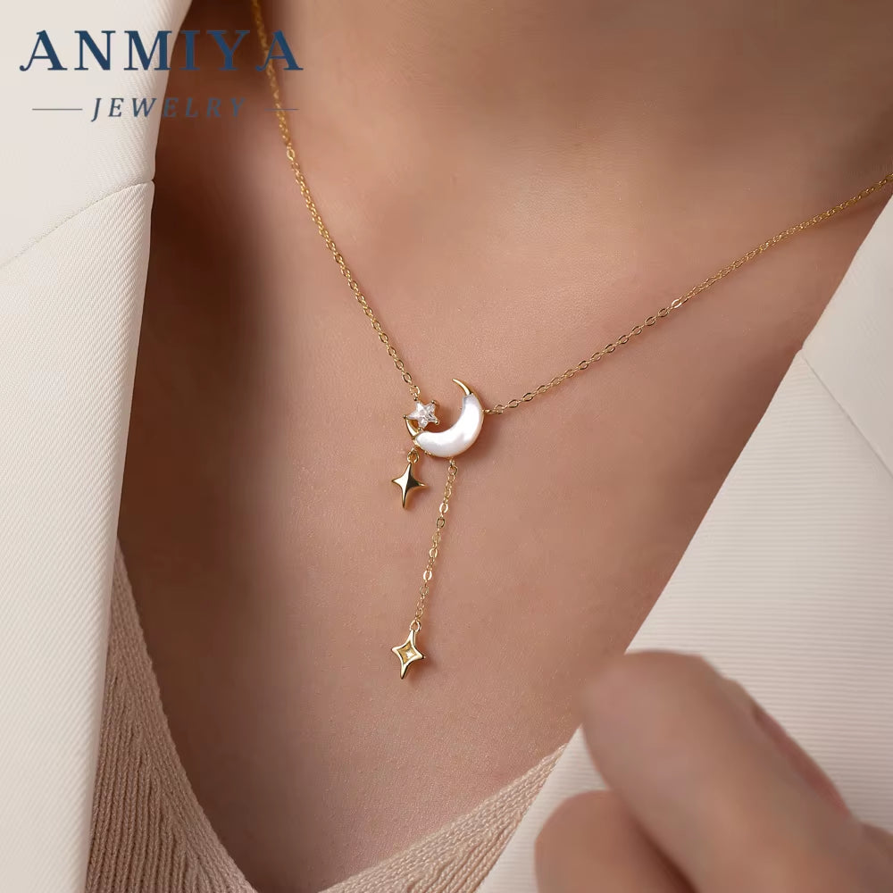 925 Unisex Fine Fashion Jewelry New Design Long Tassels Pendant Necklace with Star Moon Shape Featuring Zircon Stones