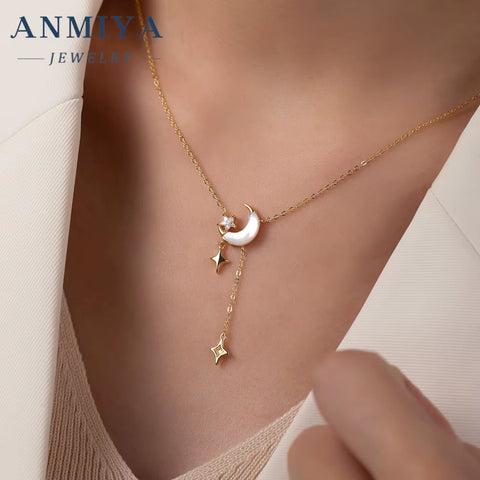 925 Unisex Fine Fashion Jewelry New Design Long Tassels Pendant Necklace with Star Moon Shape Featuring Zircon Stones