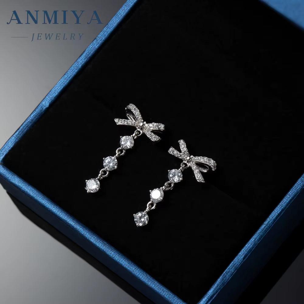 Fine Jewelry 925 Sterling Silver Bowknot Zircon Tassel Stud Earrings Women 925 Silver Earring for Women