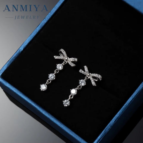 Fine Jewelry 925 Sterling Silver Bowknot Zircon Tassel Stud Earrings Women 925 Silver Earring for Women